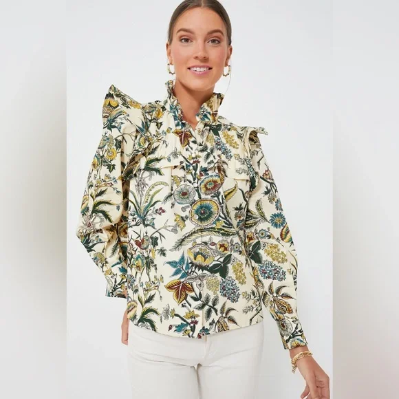 Tuckernuck Floral Ruffle Blouse - Cream and Green - Picture 6 of 16